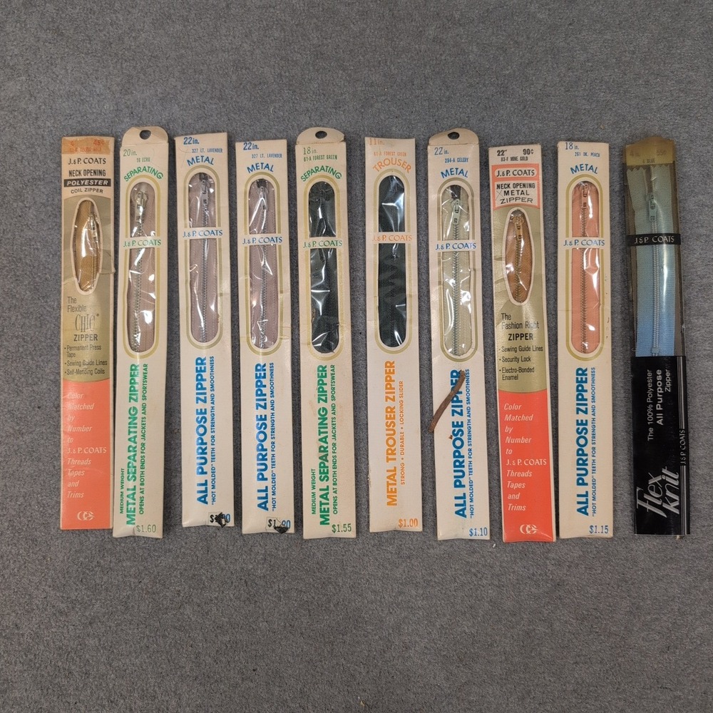 Vintage J.P. Coats Zipper Lot 10pc Metal Separating All Purpose Trouser Assorted